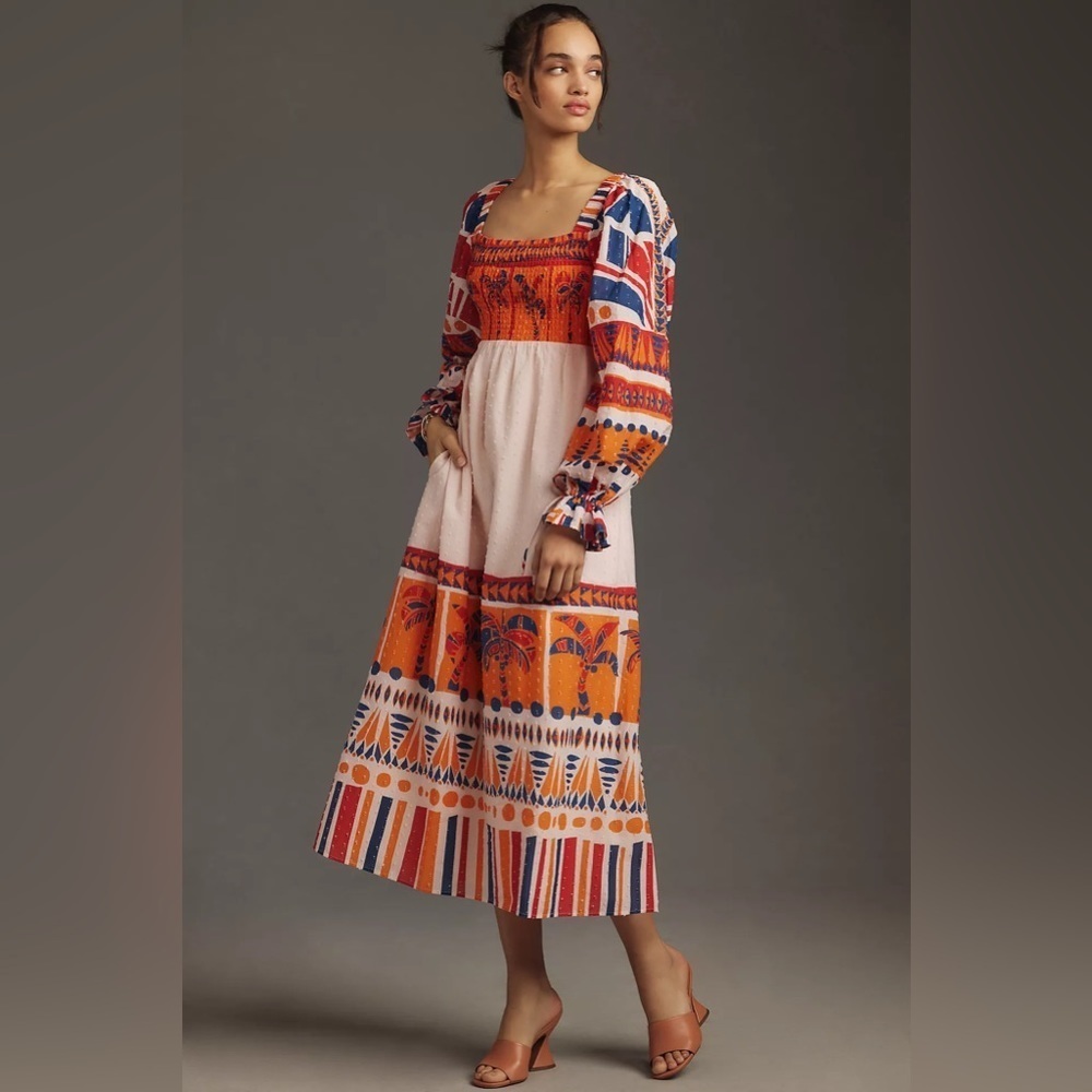 NWT Farm Rio Long-Sleeve Smocked Printed Midi Dress - Picture 1 of 3